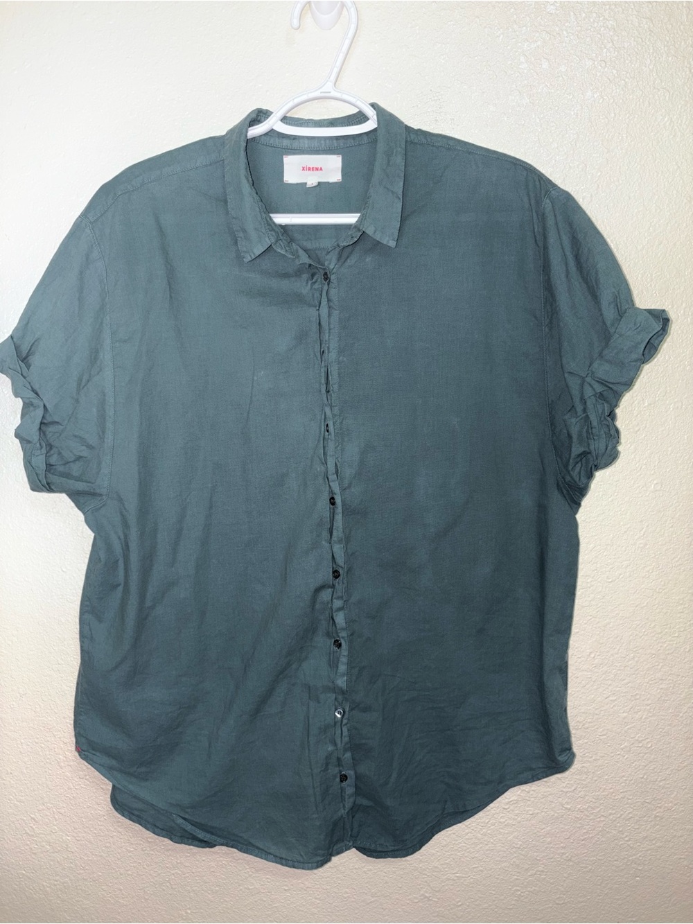XiRENA Short-Sleeve Button-Down Shirt in Teal Green